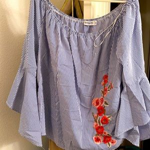 Striped blue and white blouse with floral design